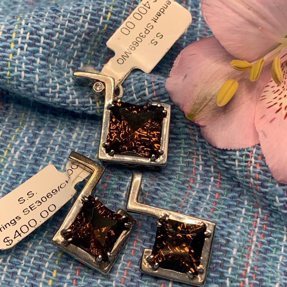 Sterling Silver Smokey Quartz Pendant & Earrings